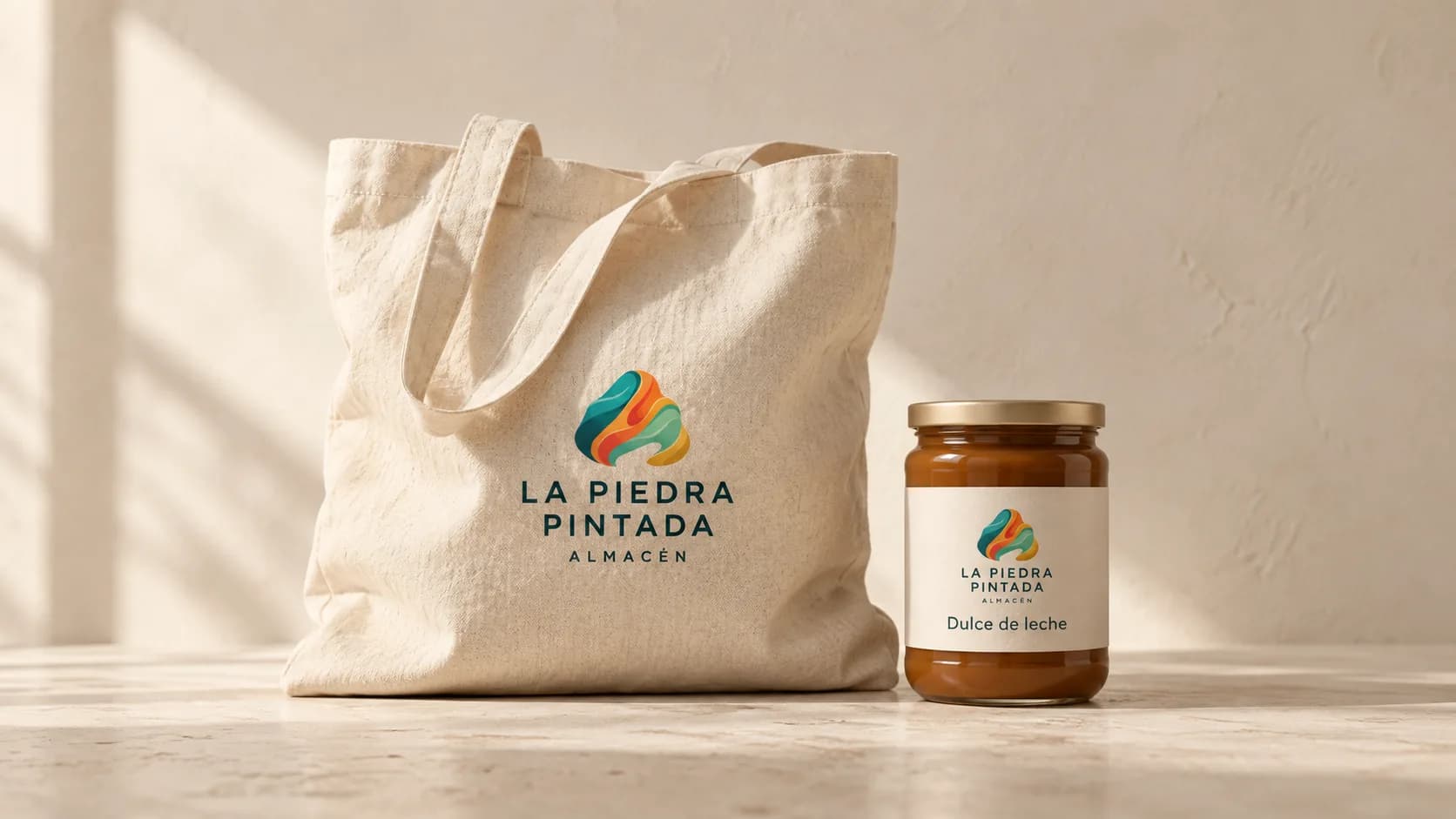 Bolsa de tela y frasco de dulce de leche con la marca La Piedra Pintada