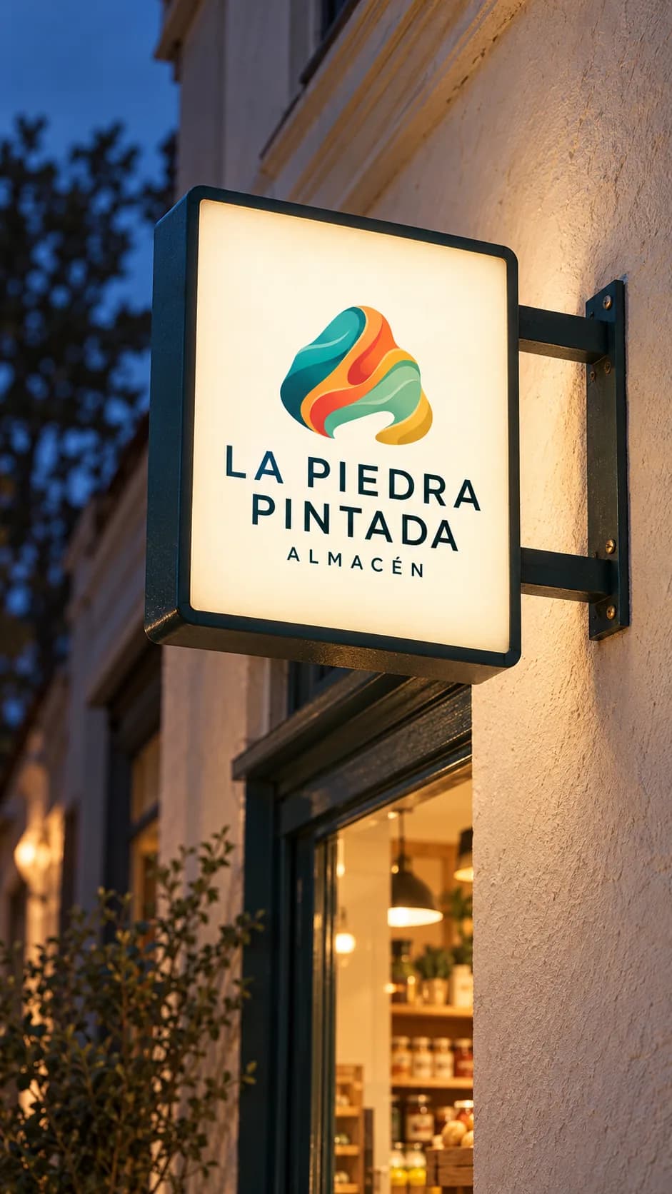 El cartel luminoso del almacén La Piedra Pintada, de noche